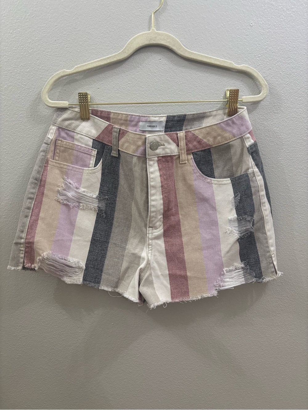 Forever 21 Striped Distressed Jean Shorts - Pink, Beige, Gray 28 waist
